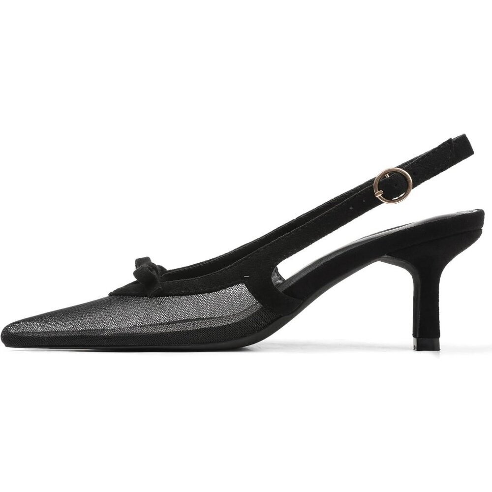 Women's Black Mesh Slingback Kitten Heels Bow Ankle Strap Pointed Toe Heel Sexy